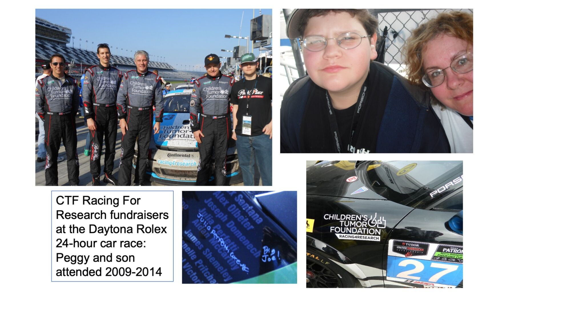 Group photo of race team next to a car, a photo of a child and a woman, a close-up of text on a document, and a car labeled "Children’s Tumor Foundation." Text mentions fundraising at Daytona Rolex 24-hour race (2009-2014).