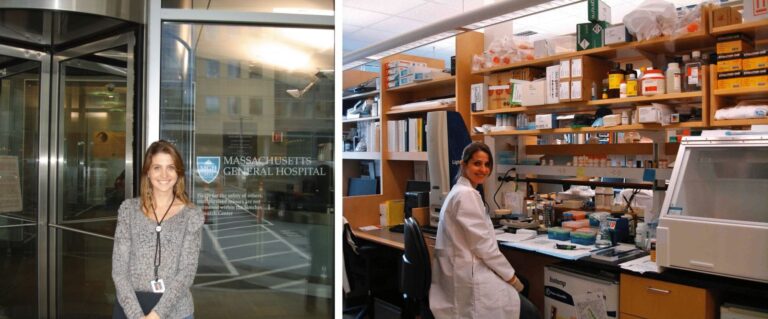 A woman standing outside Massachusetts General Hospital is shown on the left, while the same woman is working in a laboratory with various equipment and supplies on the right.