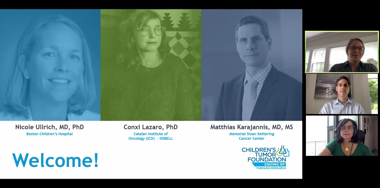 Screenshot of a virtual panel discussion titled "Welcome!" with four speakers' names and titles displayed: Nicole Ullrich, Conxi Lazaro, Matthias Karajannis, and one unidentified participant.