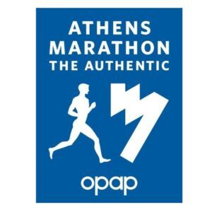 Image of the Athens Marathon logo featuring a white silhouette of a runner with stylized text "Athens Marathon The Authentic" above and "opap" below, all on a blue background.
