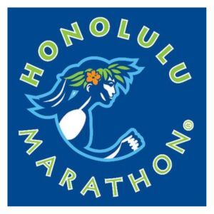 Logo for the Honolulu Marathon featuring a stylized illustration of a running figure with green leaves and a flower in their hair, set against a blue background with the text "Honolulu Marathon.