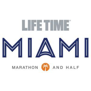 Logo for the Life Time Miami Marathon and Half Marathon, featuring the text "Life Time Miami Marathon and Half" with a small orange icon of a palm tree.