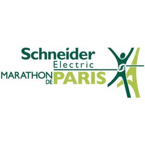 Logo for the Schneider Electric Marathon de Paris, featuring the event name in green text and a stylized running figure to the right.