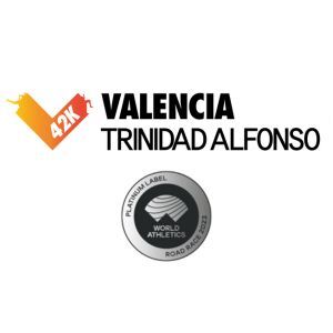 Logo for Valencia Trinidad Alfonso 42K, featuring an orange and yellow check mark and an icon indicating Platinum Label from World Athletics.