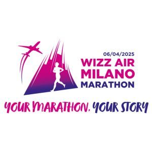 Logo for the Wizz Air Milano Marathon on April 6, 2025, featuring a runner, an airplane, and the slogan "Your Marathon. Your Story" in pink and purple.
