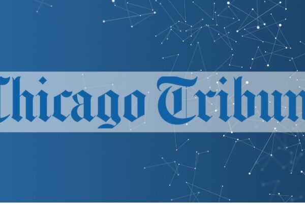 Chicago Tribune logo on a blue background with white geometric lines and dots.