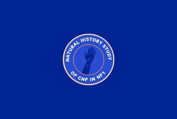 A circular logo on a blue background featuring a raised hand with the text "Natural History Study of CNF in NF1" around it.