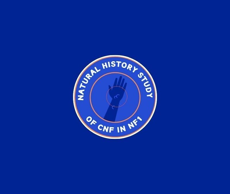 A circular logo on a blue background featuring a raised hand with the text "Natural History Study of CNF in NF1" around it.