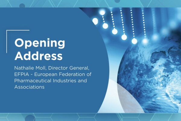 Opening Address slide featuring Nathalie Moll, Director General, EFPIA - European Federation of Pharmaceutical Industries and Associations, with a globe and abstract light design background.