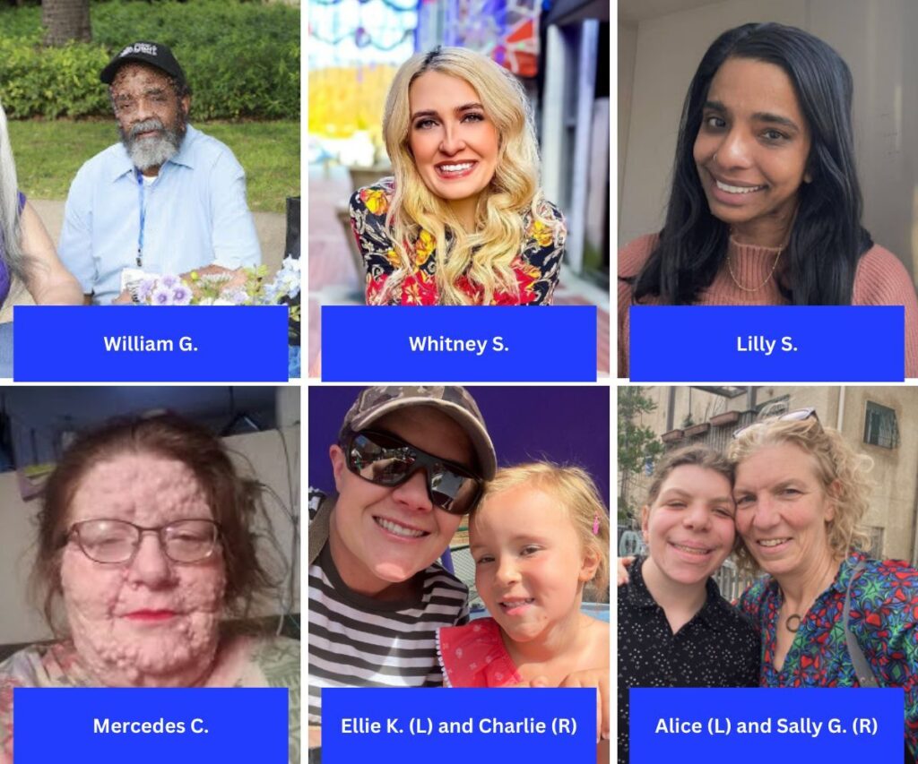 A collage of six people, each named in captions below their respective photos: William G., Whitney S., Lilly S., Mercedes C., Ellie K. with Charlie, and Alice with Sally G.