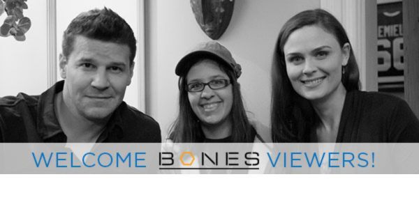 Three people smiling at the camera, with a banner reading "WELCOME BONES VIEWERS!" in the foreground.