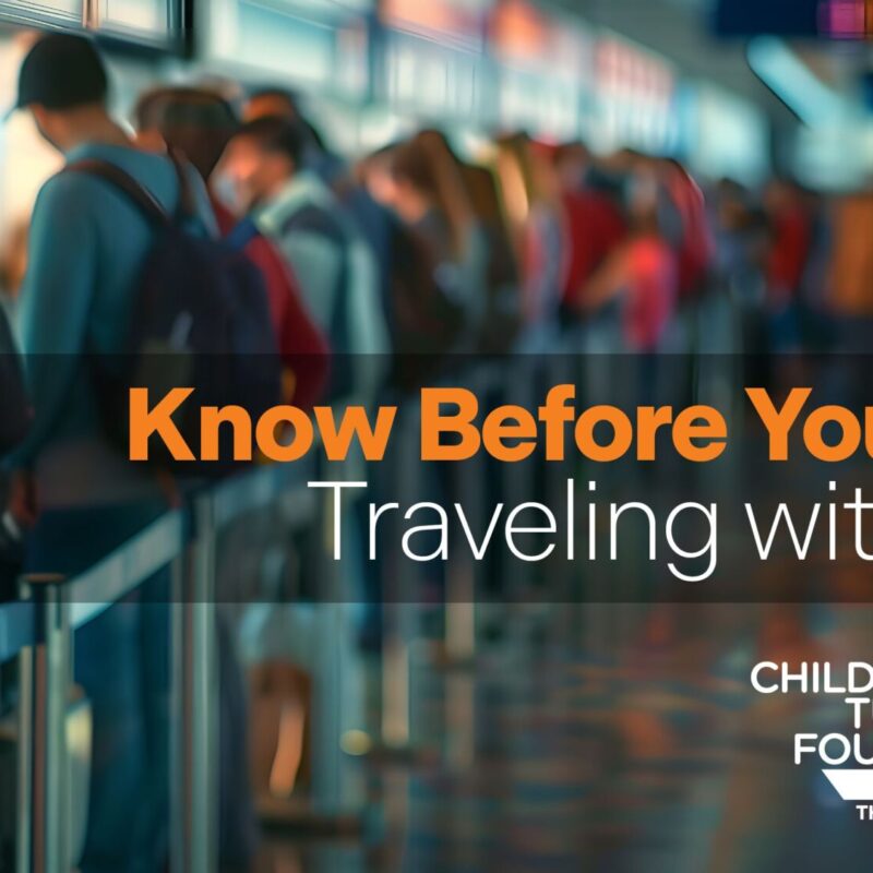 A long line of travelers at an airport security checkpoint accompanies text: "Know Before You Go: Traveling with NF," promoting the Children's Tumor Foundation's awareness campaign on neurofibromatosis.