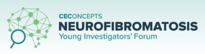 Logo for CE Concepts Neurofibromatosis Young Investigators' Forum, featuring a green network design of a brain with a magnifying glass.