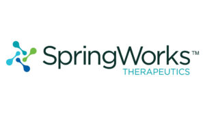 Logo for SpringWorks Therapeutics, featuring their name in blue and green text with a biomolecular graphic to the left.