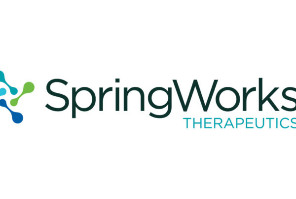 Logo for SpringWorks Therapeutics, featuring their name in blue and green text with a biomolecular graphic to the left.