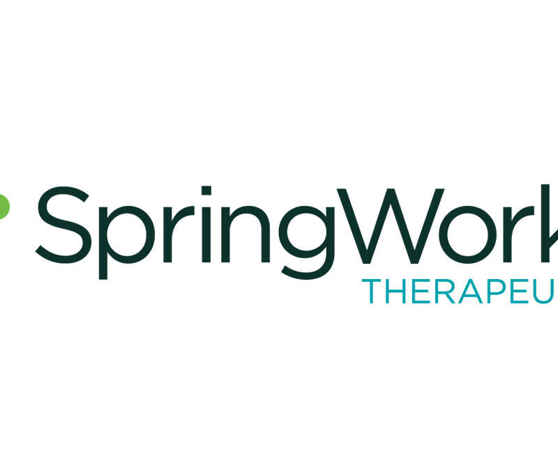 Logo for SpringWorks Therapeutics, featuring their name in blue and green text with a biomolecular graphic to the left.