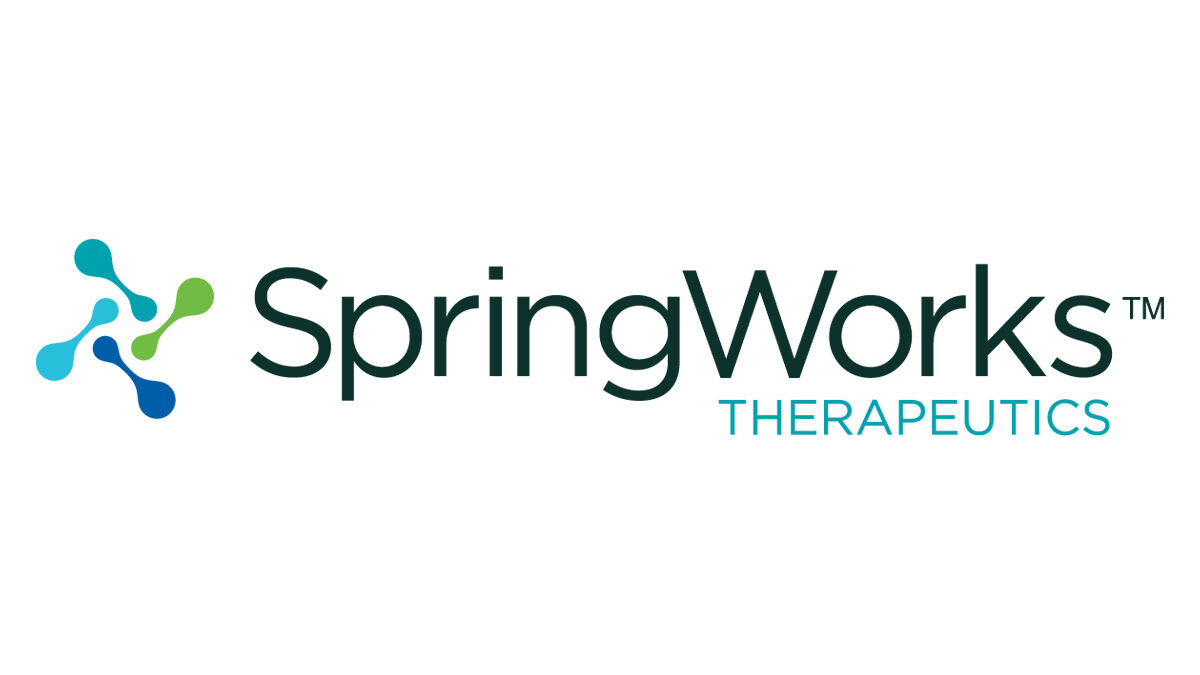 Logo for SpringWorks Therapeutics, featuring their name in blue and green text with a biomolecular graphic to the left.