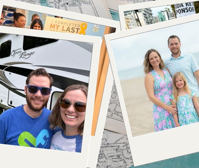 Two polaroid photos: one shows a smiling couple in front of a camper; the other shows a family of three near a beach. Background includes a map and partially visible photos.