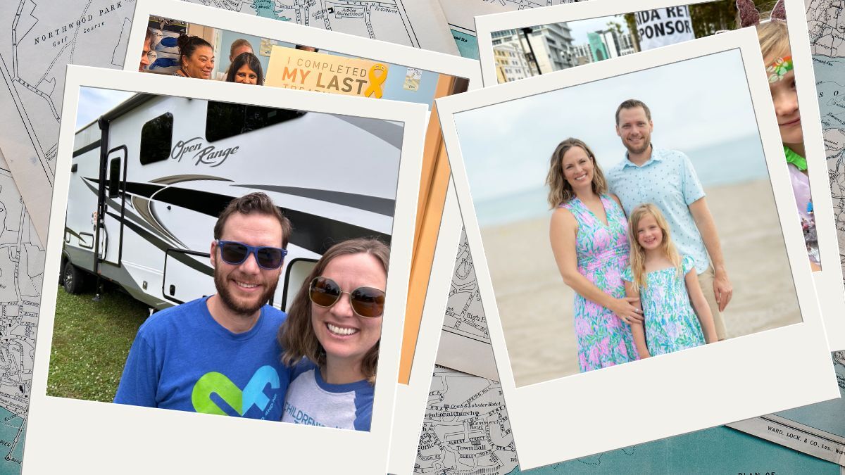 Two polaroid photos: one shows a smiling couple in front of a camper; the other shows a family of three near a beach. Background includes a map and partially visible photos.