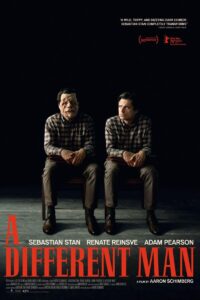 Poster for "A Different Man" featuring two men sitting side by side, one with facial disfigurement, against a dark background. Text at the bottom includes the cast and film credits.