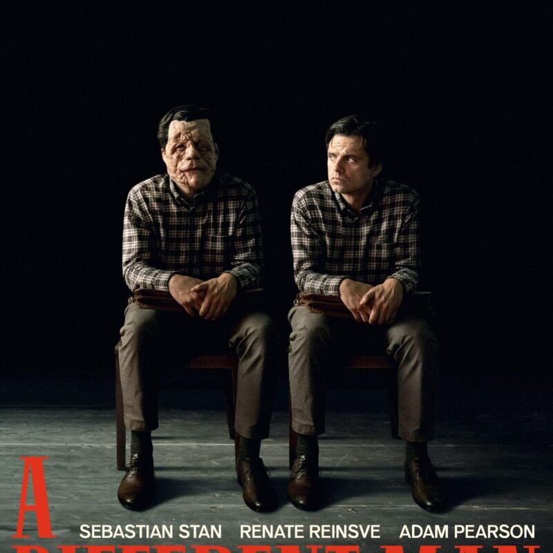 Poster for "A Different Man" featuring two men sitting side by side, one with facial disfigurement, against a dark background. Text at the bottom includes the cast and film credits.