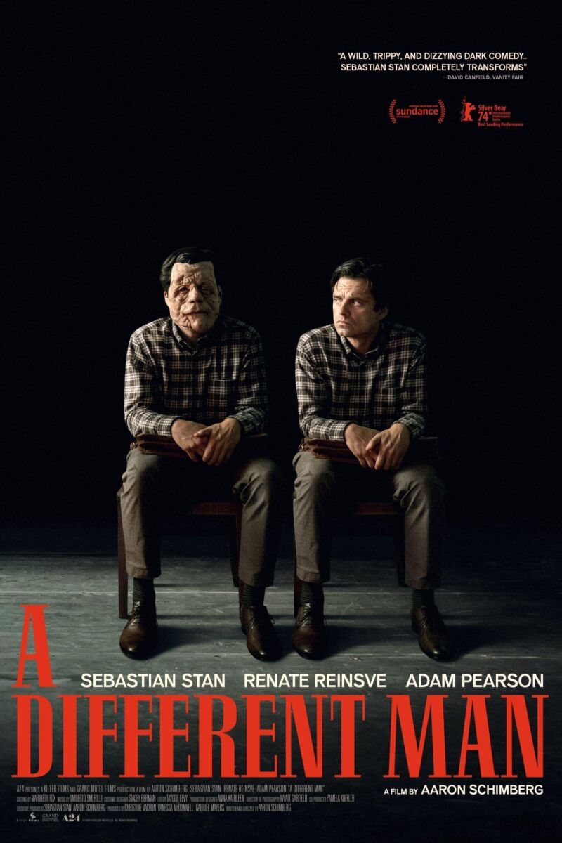 Poster for "A Different Man" featuring two men sitting side by side, one with facial disfigurement, against a dark background. Text at the bottom includes the cast and film credits.