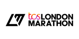 Logo of "TCS London Marathon" with "TCS" in colorful letters and "London Marathon" in white. A stylized line illustration of a running person is on the left. Black background.