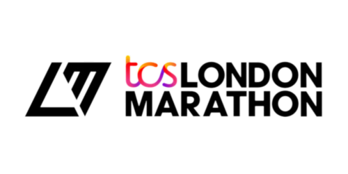 Logo of "TCS London Marathon" with "TCS" in colorful letters and "London Marathon" in white. A stylized line illustration of a running person is on the left. Black background.