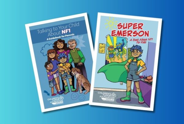 Two illustrated book covers are displayed. The left cover is titled "Talking to Your Child About NF1: A Guidebook for Parents," and the right cover is titled "Super Emerson: A Book About NF1 for Kids.