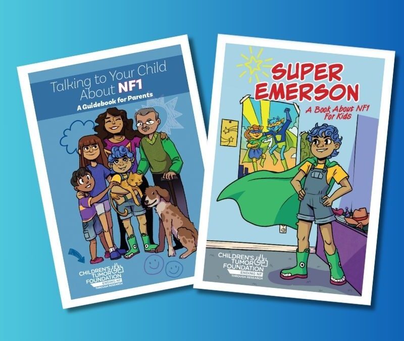 Two illustrated book covers are displayed. The left cover is titled "Talking to Your Child About NF1: A Guidebook for Parents," and the right cover is titled "Super Emerson: A Book About NF1 for Kids.