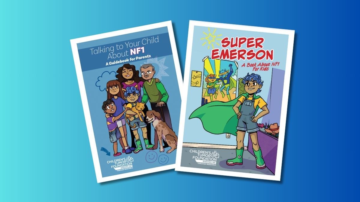 Two illustrated book covers are displayed. The left cover is titled "Talking to Your Child About NF1: A Guidebook for Parents," and the right cover is titled "Super Emerson: A Book About NF1 for Kids.