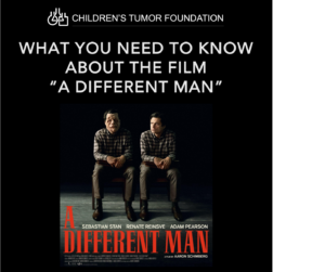 Promotional poster for the film "A Different Man" featuring two men sitting side by side, with the film's title in large red letters at the bottom.