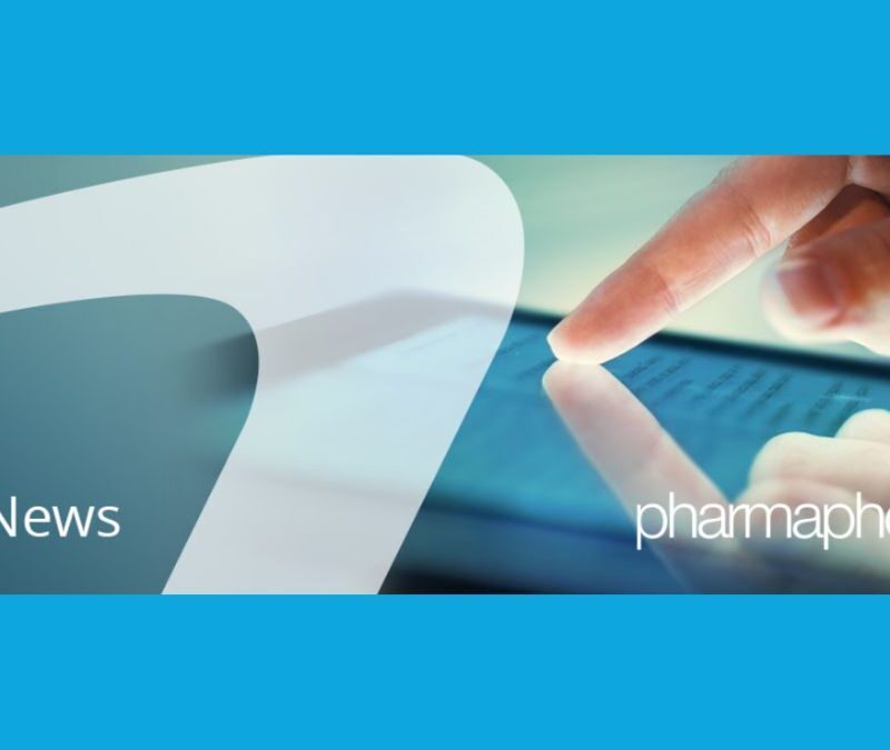 A close-up of a person using a tablet with text "Daily News" on the left and "pharmaphorum" on the right over a blue and white background.