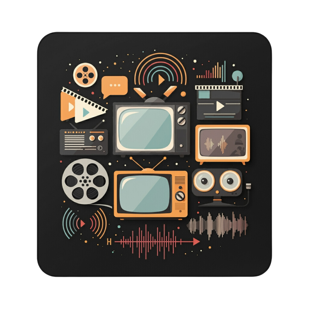 Illustrated vintage televisions, film reels, and media icons arranged in a grid, showcasing themes of communication and multimedia.