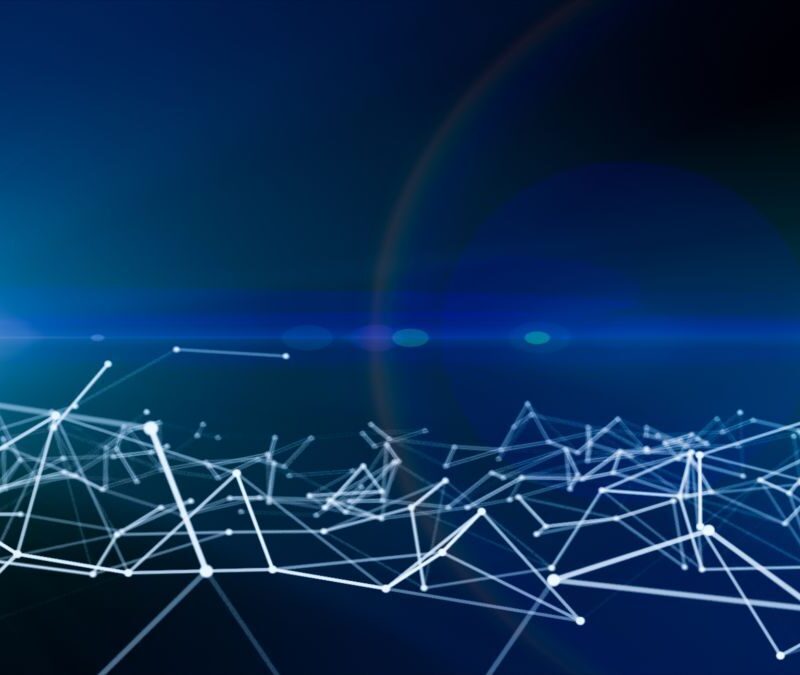 Abstract image of a network of interconnected lines and nodes against a blue background with a light flare.