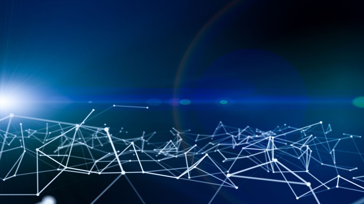 Abstract image of a network of interconnected lines and nodes against a blue background with a light flare.