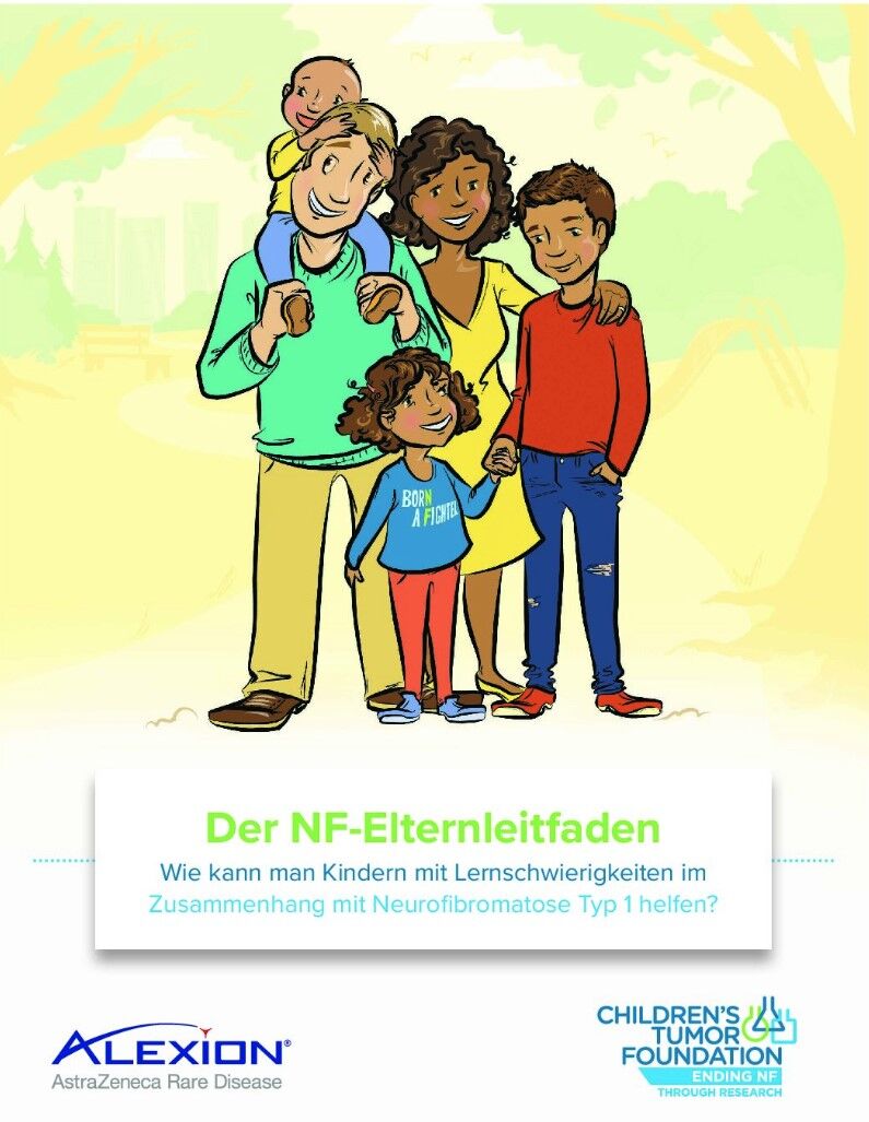 Illustration of a diverse family with three children, one in a baby carrier. Text in German discusses a guide for parents on helping children with Neurofibromatosis Type 1. Logos at the bottom.