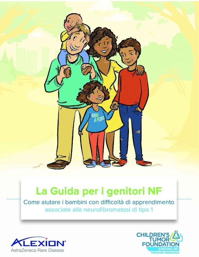 Illustrated family of five smiling, with a baby wearing "Born a Fighter" shirt. Text in Italian discusses a guide for parents on helping children with learning difficulties related to type 1 neurofibromatosis.