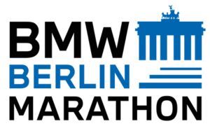 Logo of the BMW Berlin Marathon featuring the Brandenburg Gate in blue and text in black and blue.