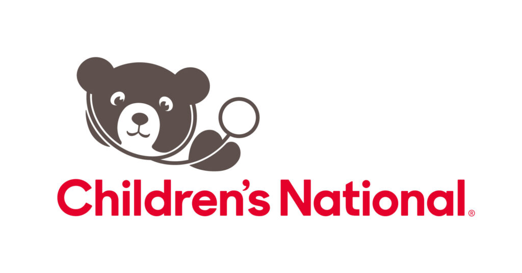 Logo of Children's National Hospital featuring a brown teddy bear holding a stethoscope, with the text "Children's National" in red below.