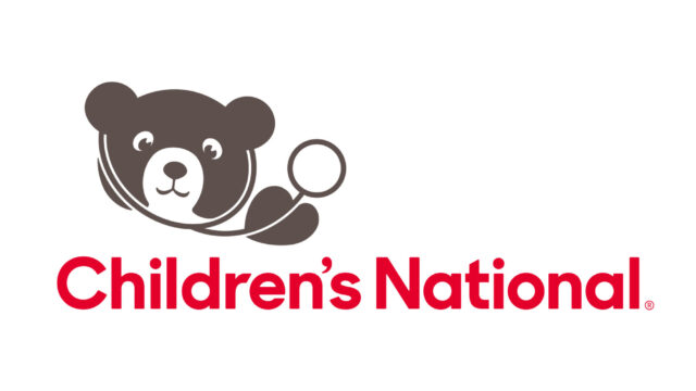 Logo of Children's National Hospital featuring a brown teddy bear holding a stethoscope, with the text "Children's National" in red below.