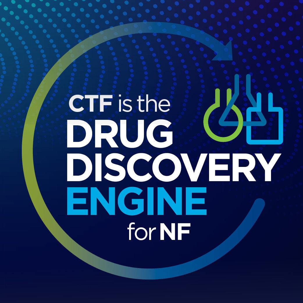 Text graphic: "CTF is the drug discovery engine for NF" with laboratory flask icons on a blue background with a circular arrow design.