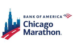 Logo of the Bank of America Chicago Marathon featuring a stylized skyline and a road.