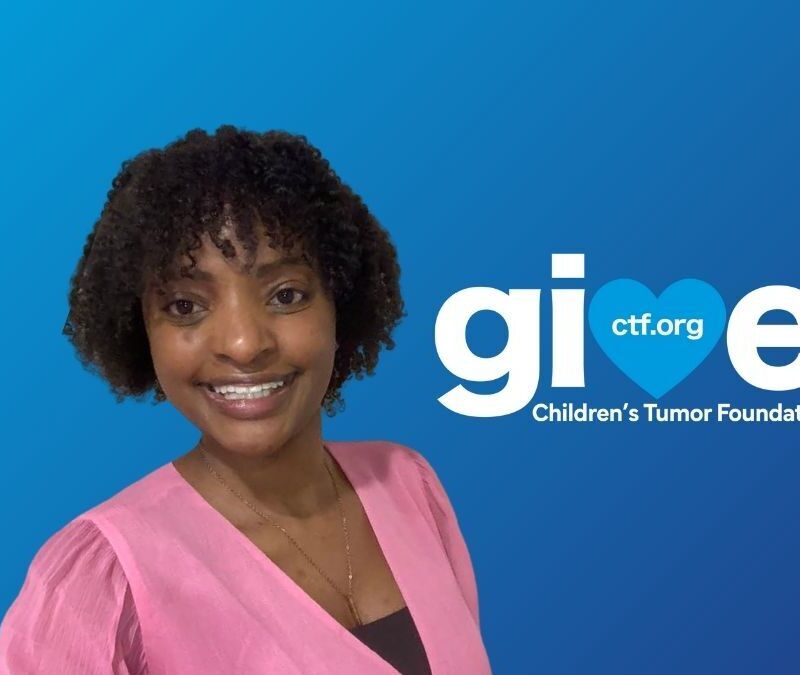 Person smiling in front of a blue background with the text "give ctf.org Children's Tumor Foundation" to the right.