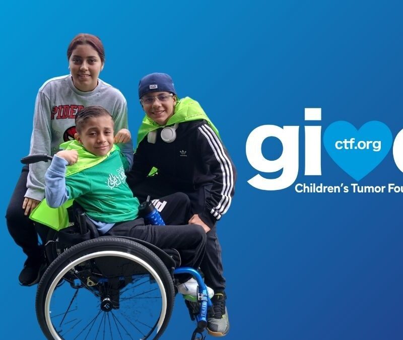 Three people smiling, with one in a wheelchair. They wear green capes. The image has a blue background with the Children's Tumor Foundation logo.