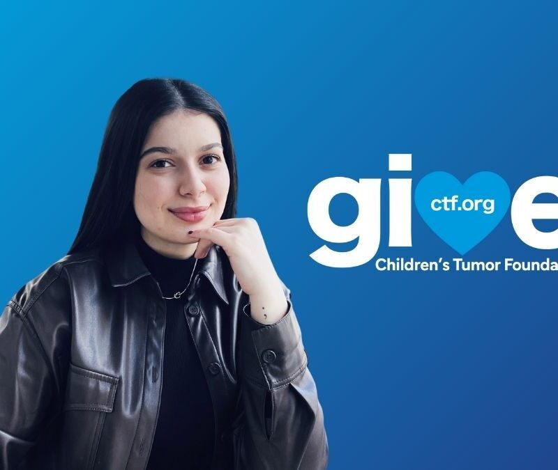 A person in a leather jacket smiles at the camera with their chin resting on their hand. The background features the Children's Tumor Foundation logo and website URL, ctf.org.