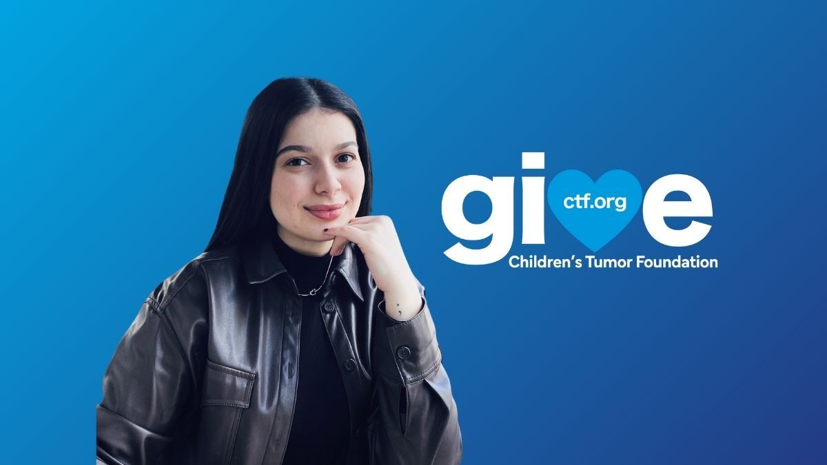 A person in a leather jacket smiles at the camera with their chin resting on their hand. The background features the Children's Tumor Foundation logo and website URL, ctf.org.