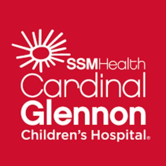 Logo of SSM Health Cardinal Glennon Children's Hospital with a stylized sun and text on a red background.