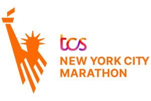 Logo of the TCS New York City Marathon featuring an orange stylized Statue of Liberty design beside the text.