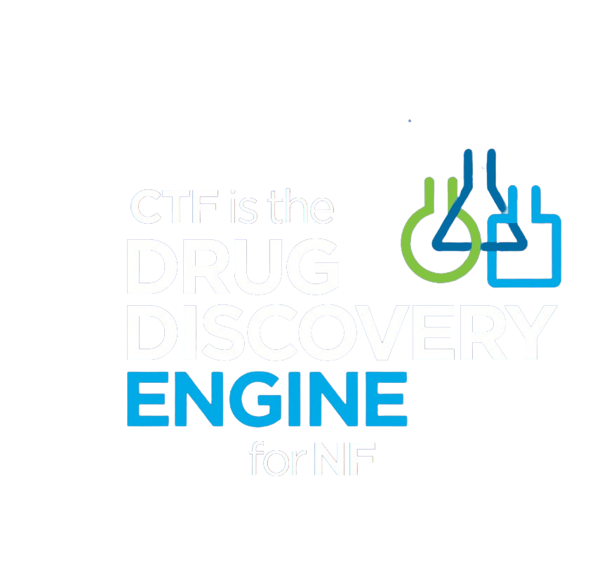 Graphic with text: "CTF is the Drug Discovery Engine for NF," featuring stylized lab equipment icons and a circular arrow on a blue dotted background.